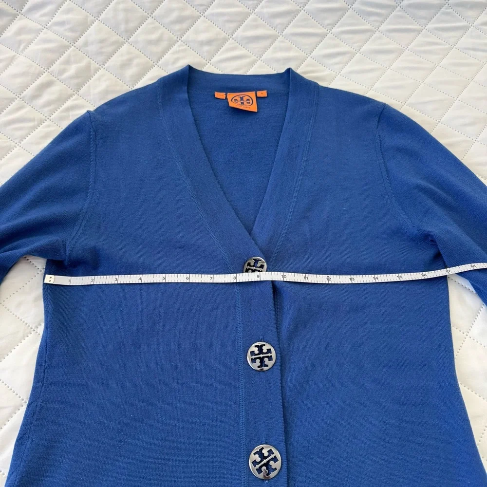 Tory Burch 100% Merino Wool Logo Button V-Neck Cardigan Sweater Blue M